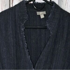 J. Jill Linen Blend Denim Jacket Blazer Size 18 Dark Blue Fringe Pockets Buttons